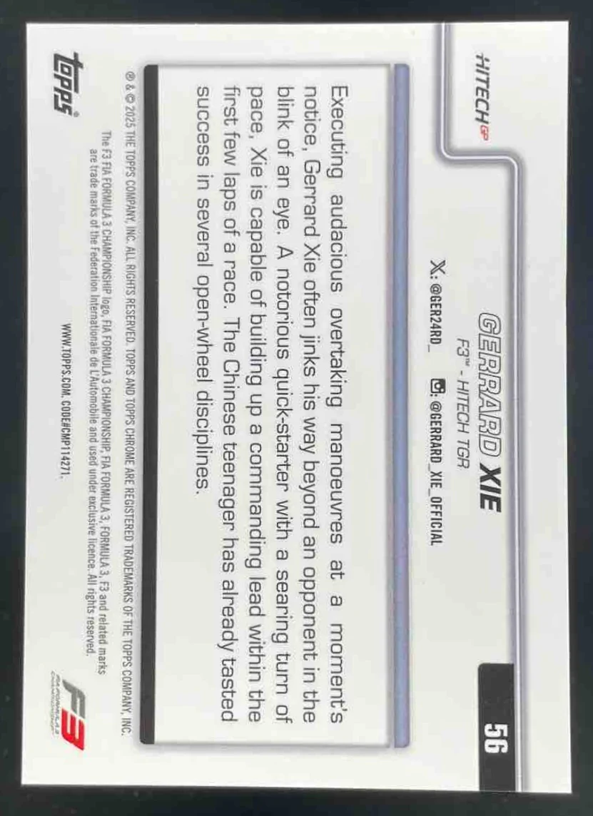 2025 Topps Chrome Formula 1 Black RayWave Refractor Gerrard Xie F3 Driver /10 - Image 2