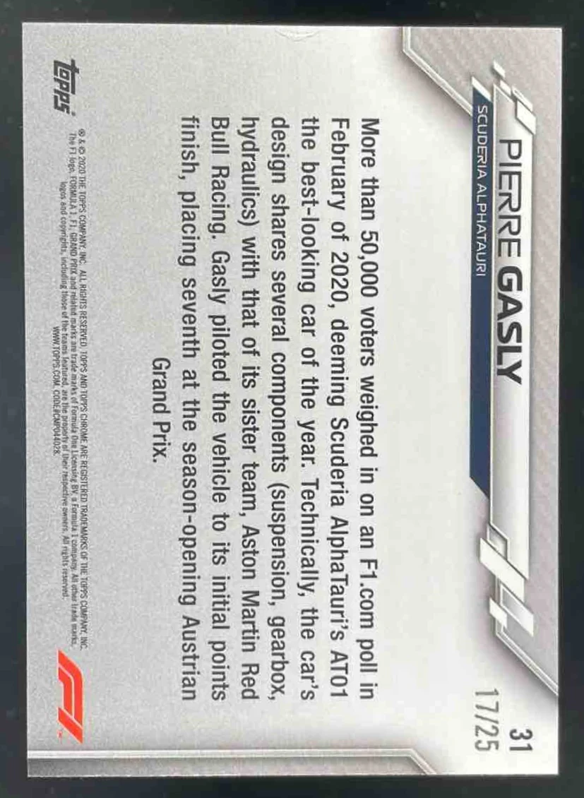 2020 Topps Chrome Formula 1 Orange Wave Refractor #31 Pierre Gasly /25 - Image 2