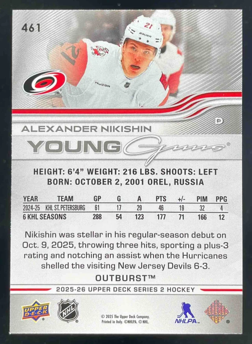 2025 Upper Deck Series 2 Young Guns Outburst Silver #461 Alexander Nikishin RC - Image 2