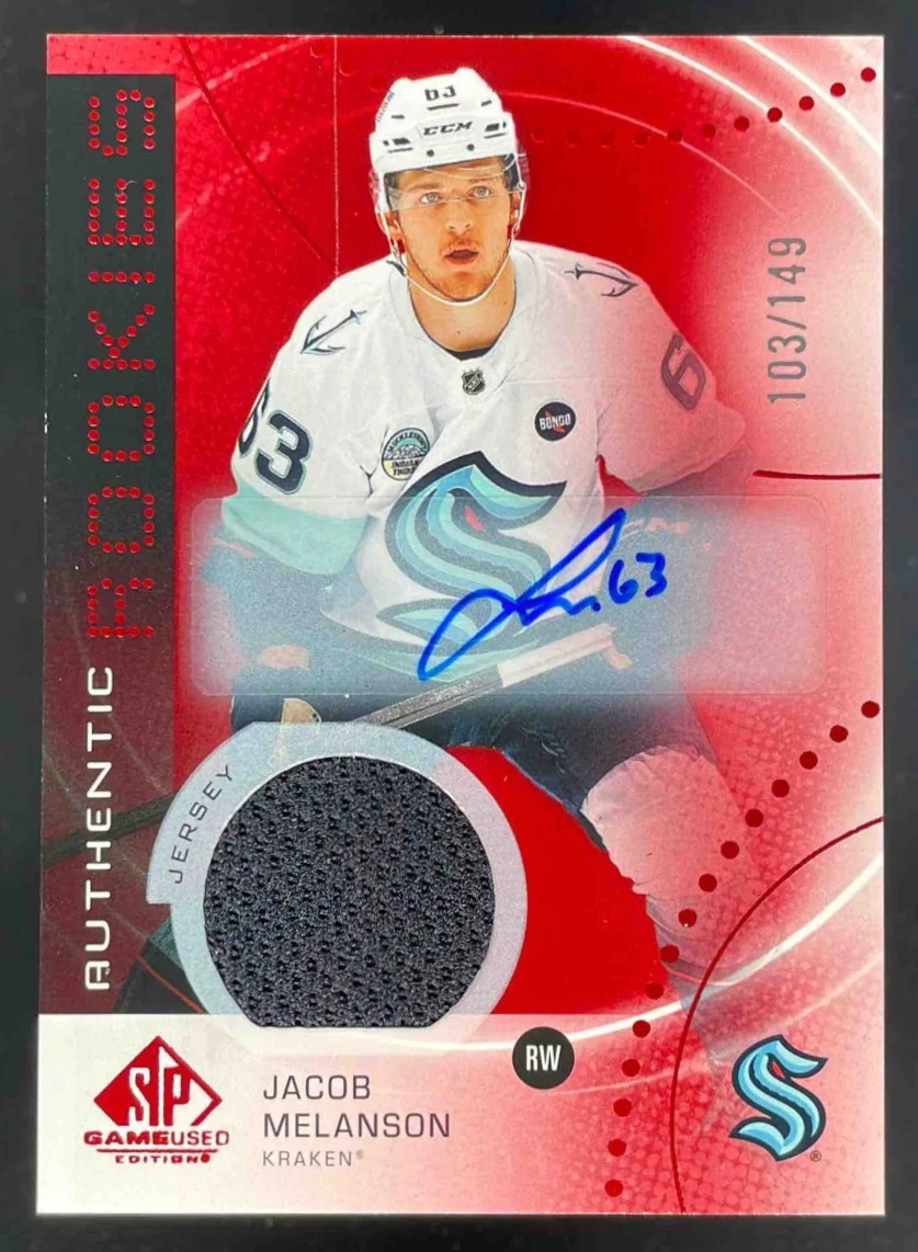 2025 SP Game Used Authentic Relic Red Auto Jersey Jacob Melanson RC Auto /149