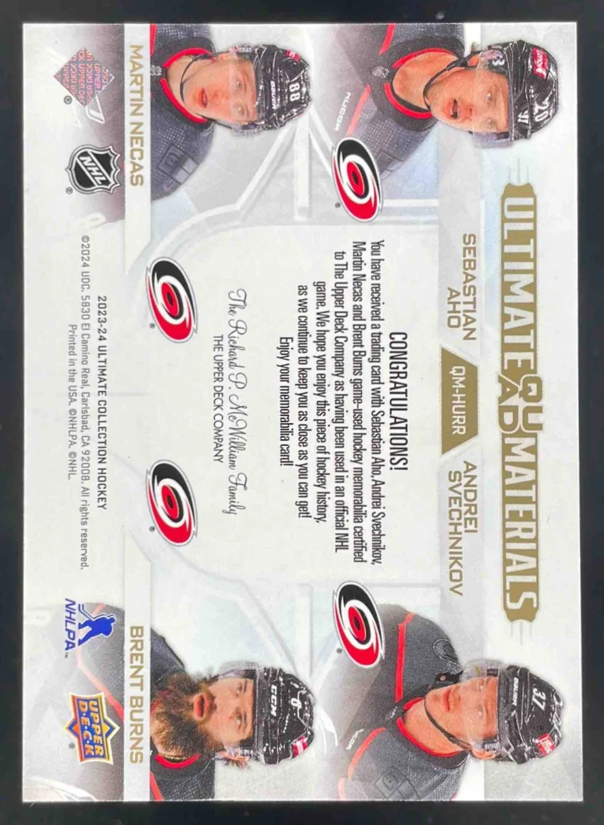 2023 Ultimate Collection Quad Material Gold Patch Aho Svechnikov Necas Burns /49 - Image 2