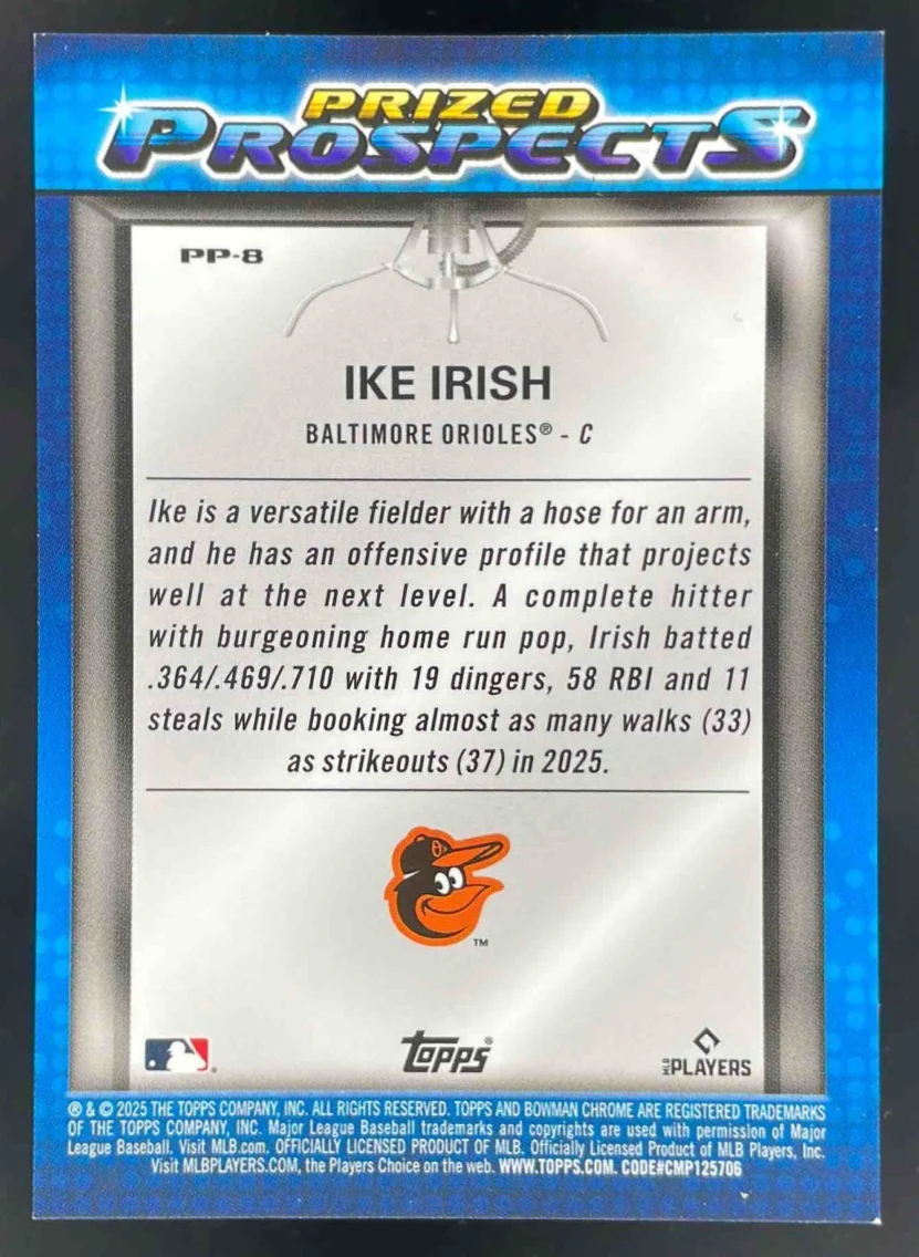 2025 Bowman Draft Chrome Prized Prospects Green Refractor #PP-8 Ike Irish /99 - Image 2
