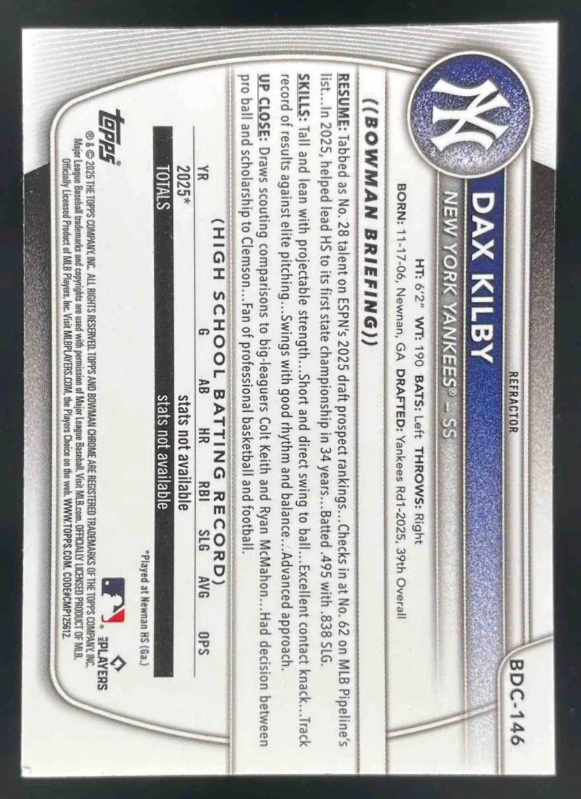 2025 Bowman Draft Chrome Refractor #BDC-146 Dax Kilby RC - Image 2
