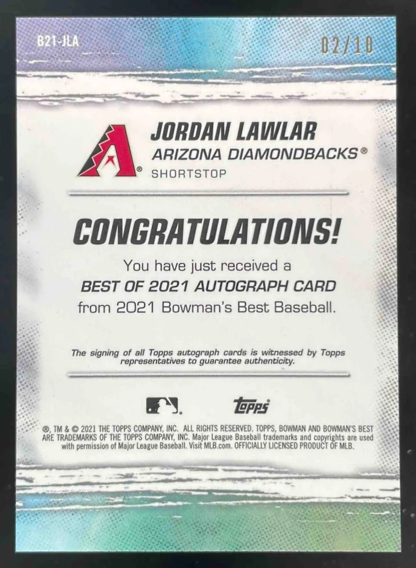 2021 Bowman Bowman's Best Best of 2021 Red #B21-JLA Jordan Lawlar RC Auto /10 - Image 2