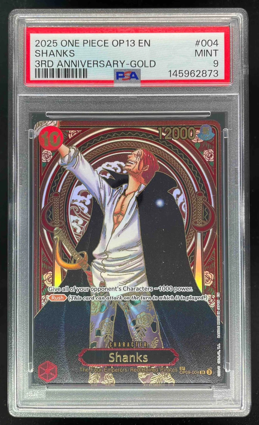 2025 One Piece OP13 EN 3rd Anniversary Gold #004 Shanks PSA 9