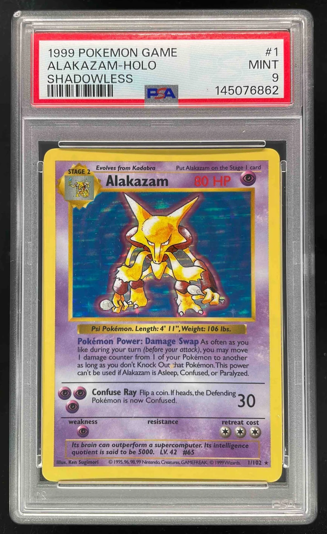 1999 Pokemon Shadowless Set #1/102 Alakazam Holo PSA 9