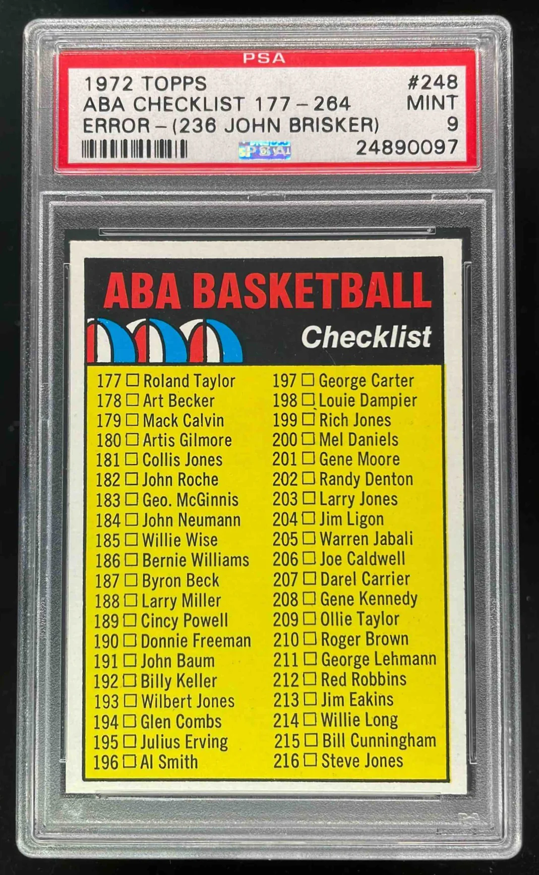 1972-73 Topps #248 ABA Checklist: 177-264 PSA 9