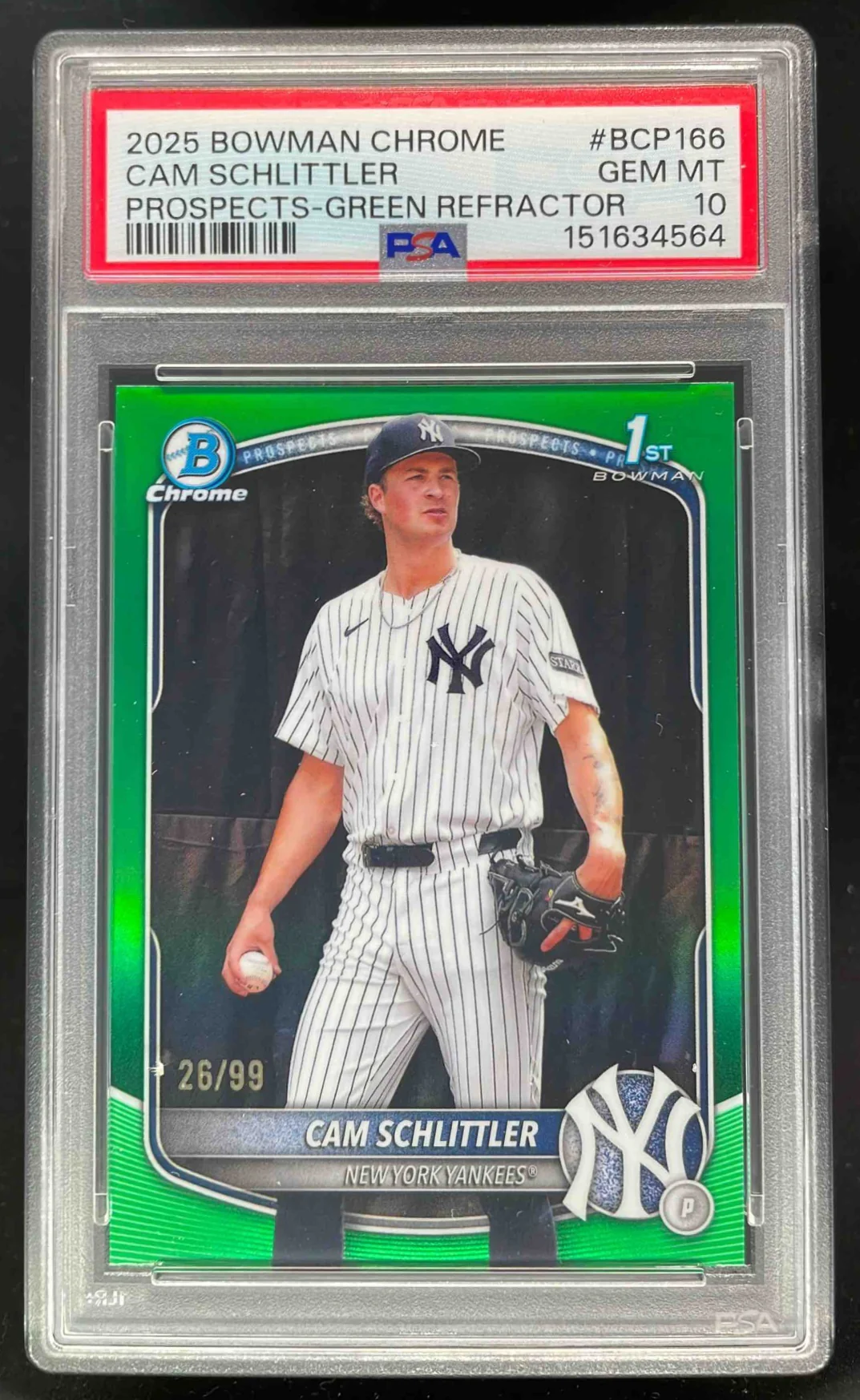 2025 Bowman Chrome Prospects Green #BCP-166 Cam Schlittler RC /99 PSA 10