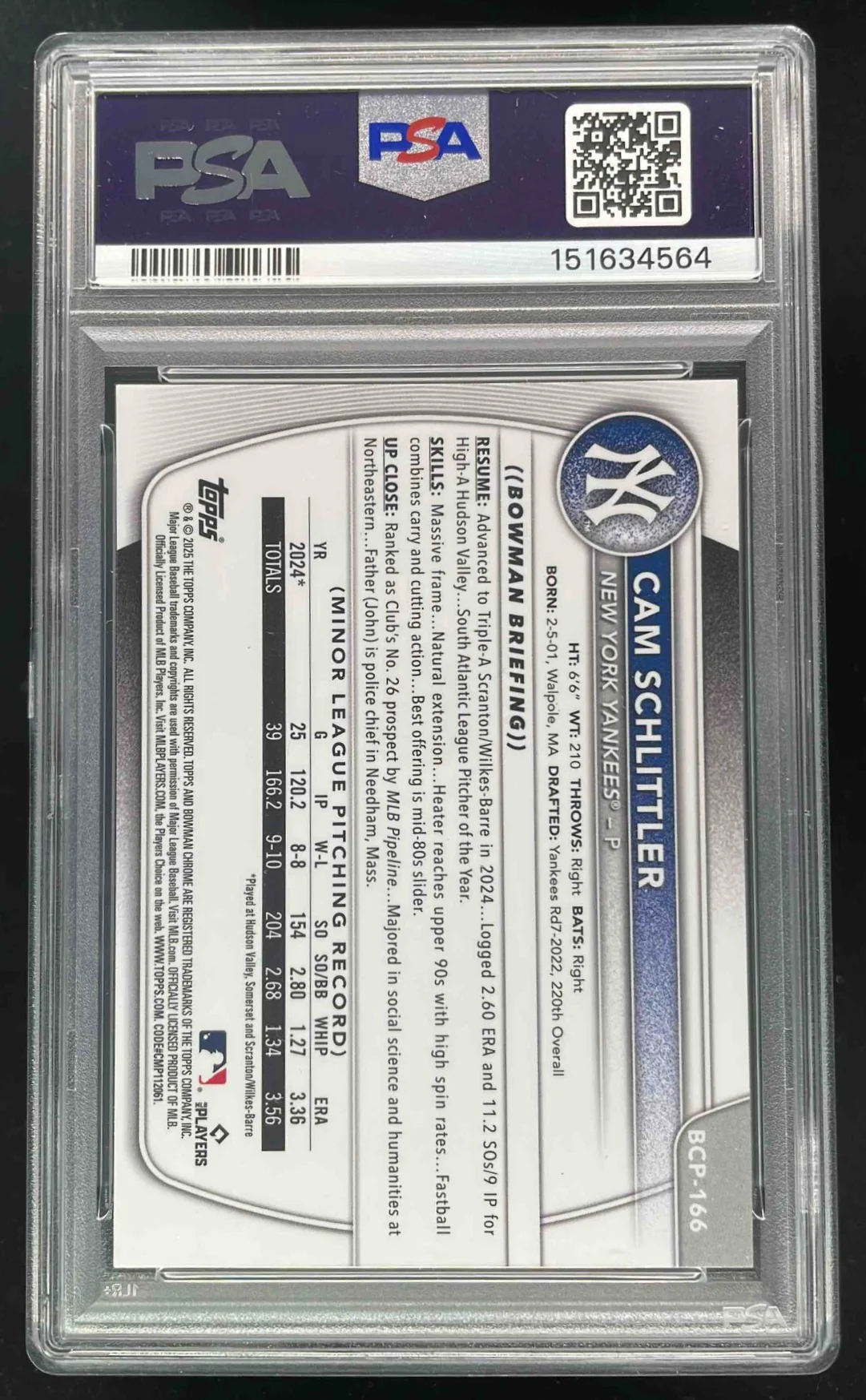 2025 Bowman Chrome Prospects Green #BCP-166 Cam Schlittler RC /99 PSA 10 - Image 2
