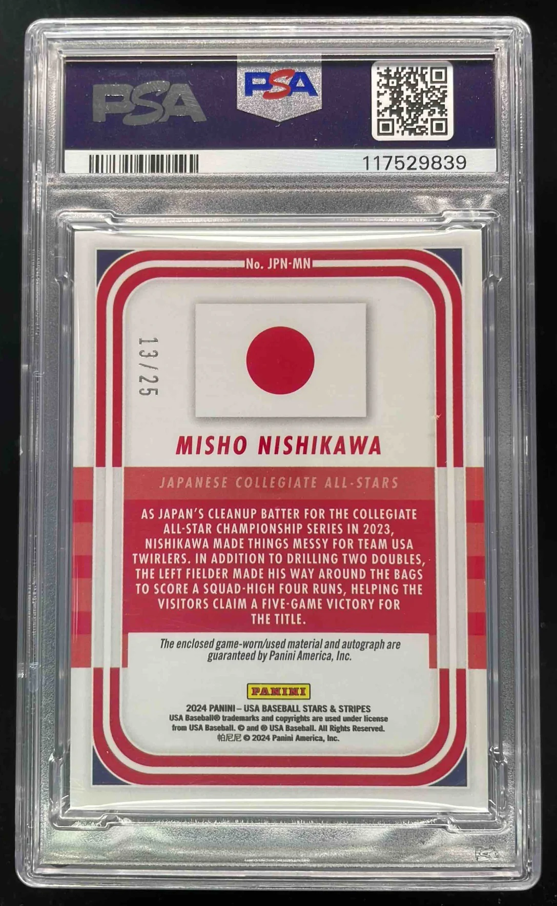 2024 Stars Stripes USA Japanese Collegiate Prime Misho Nishikawa Auto /25 PSA 9 - Image 2