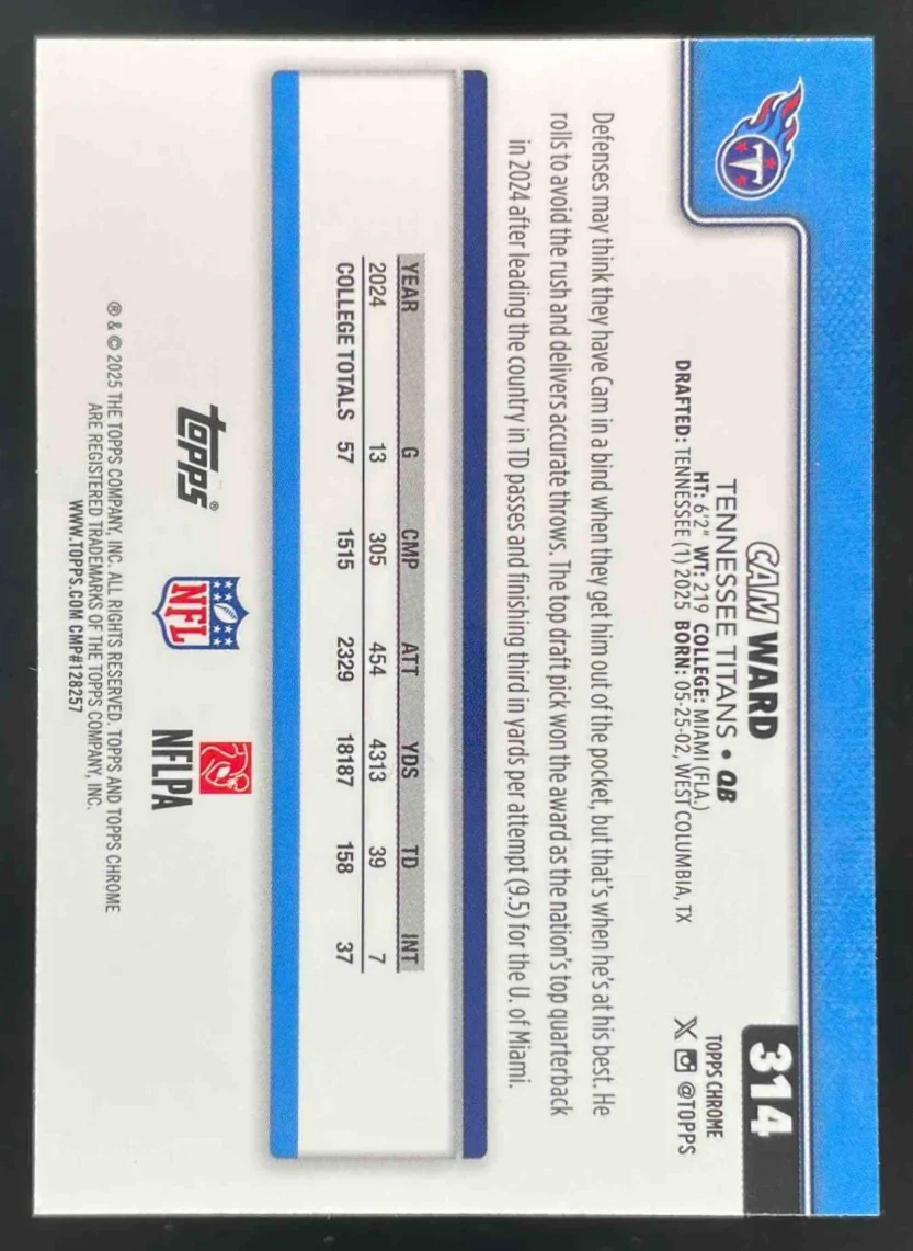 2025 Topps Chrome Rookie Red/White/Blue Refractor #314 Cam Ward RC - Image 2