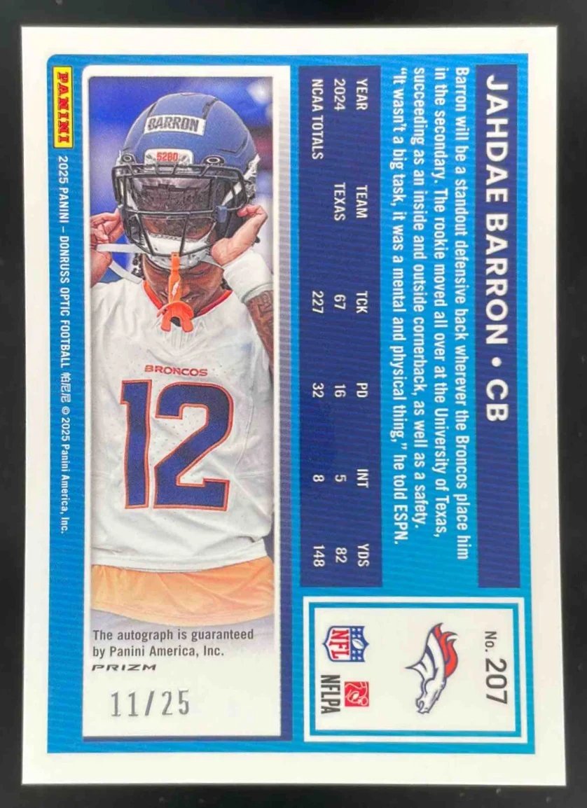 2025 Donruss Optic Rated Ice Prizm #207 Jahdae Barron Rated Auto /25 - Image 2