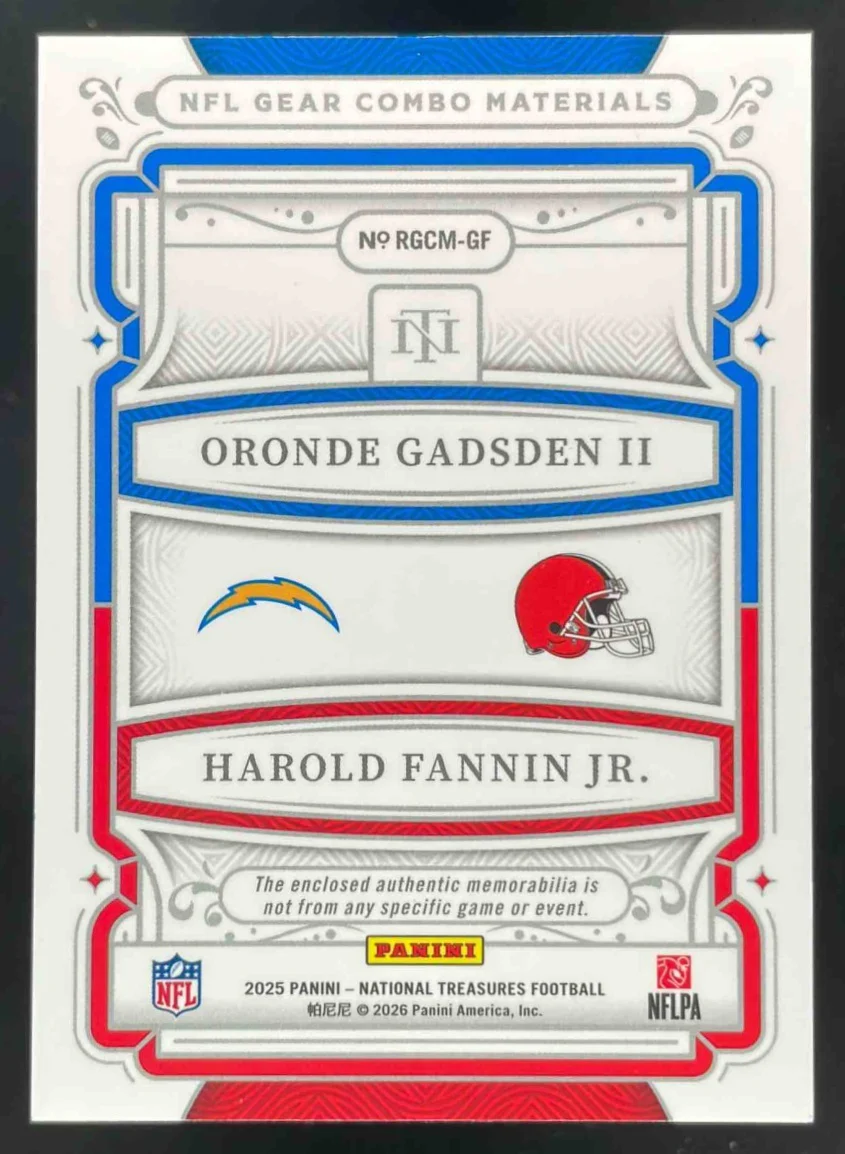 2025 National Treasures NFL Gear Combo Oronde Gadsden Harold Fannin Jr. RC /49 - Image 2