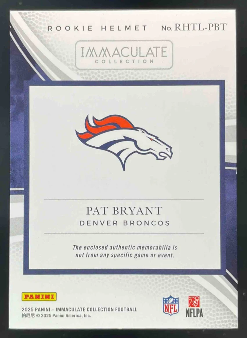 2025 Panini Immaculate Collection Rookie Helmet Team Logos #26 Pat Bryant RC /16 - Image 2