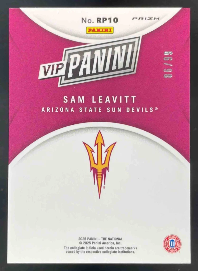 2025 NSCC VIP Gold Packs Gold VIP Red Sparkle #RP10 Sam Leavitt Prospect /99 - Image 2