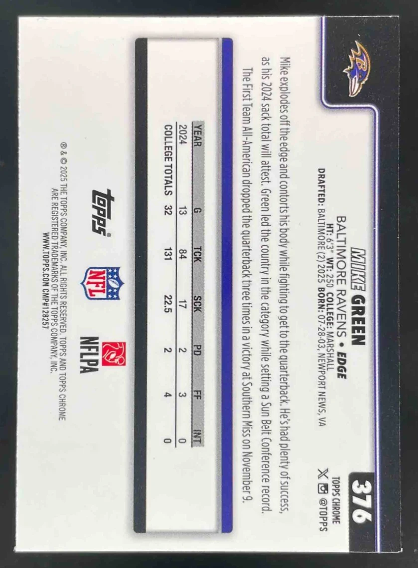 2025 Topps Chrome Rookie Purple Refractor #376 Mike Green RC /75 - Image 2