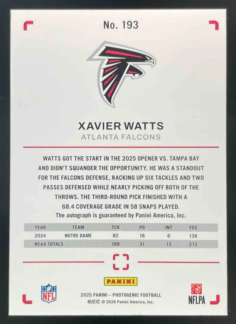 2025 PhotoGenic Horizontal Bronze #193 Xavier Watts RC Auto - Image 2