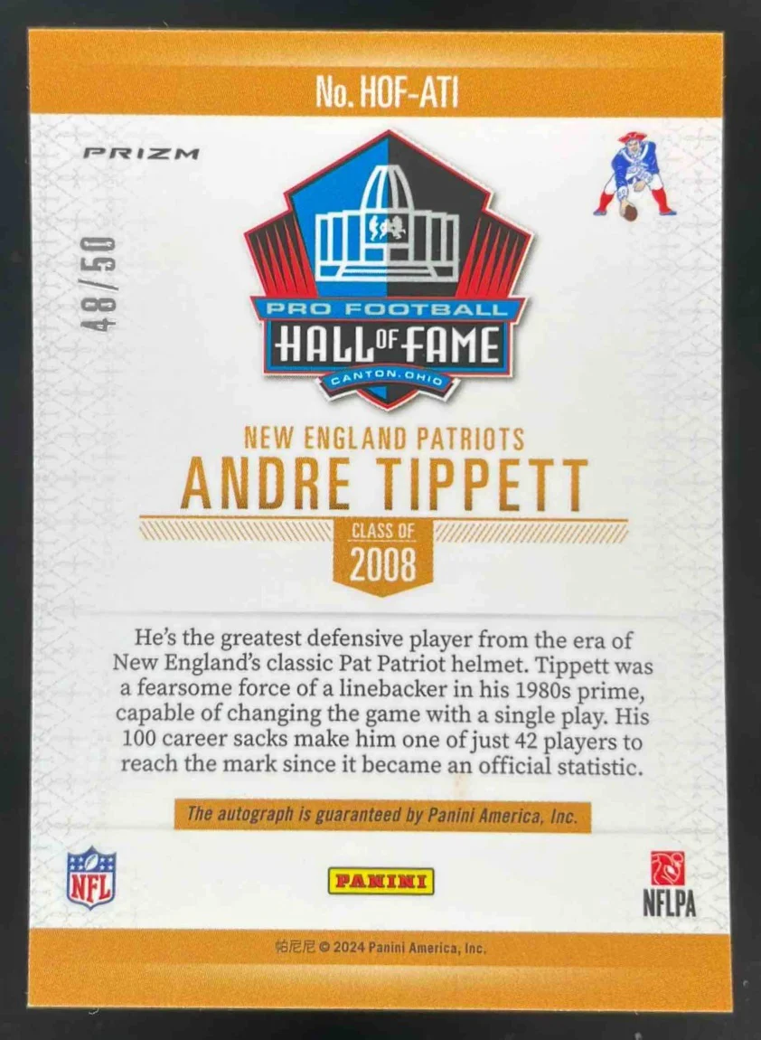2024 Panini Hall of Fame Autograph #HOF-ATI Andre Tippett Auto /50 - Image 2