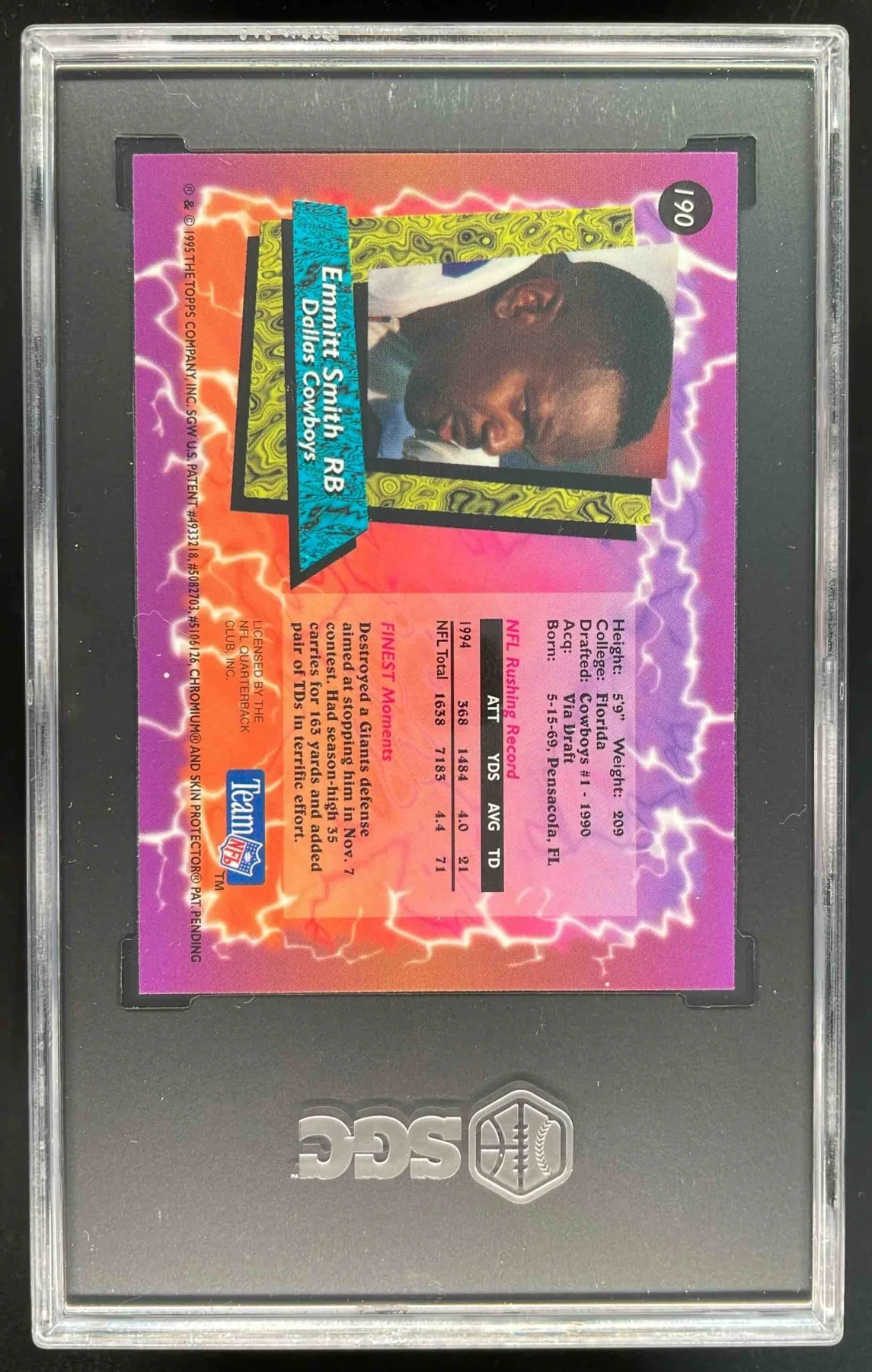 1995 Topps Finest #190 Emmitt Smith SGC 9 - Image 2