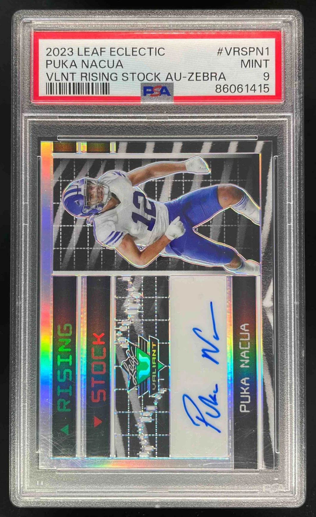 2023 Leaf Eclectic Valiant Rising Stock Zebra #PN1 Puka Nacua RC Auto /4 PSA 9