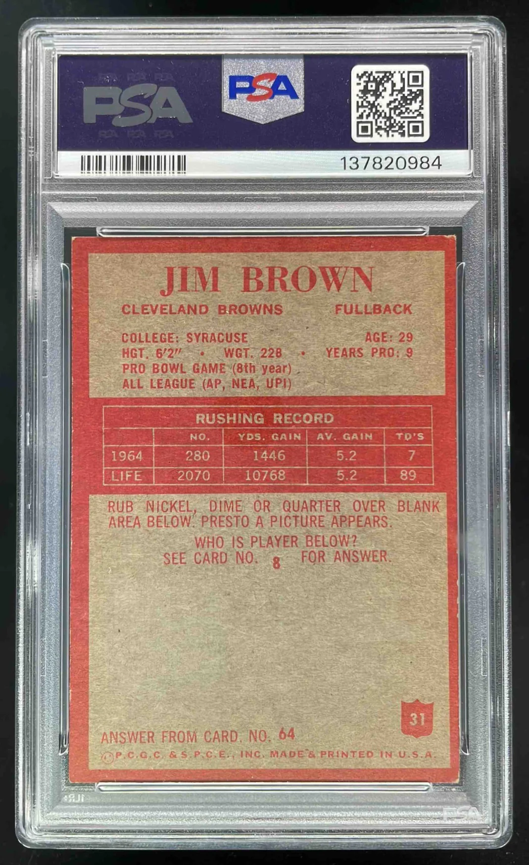 1965 Philadelphia #31 Jim Brown PSA 3 - Image 2