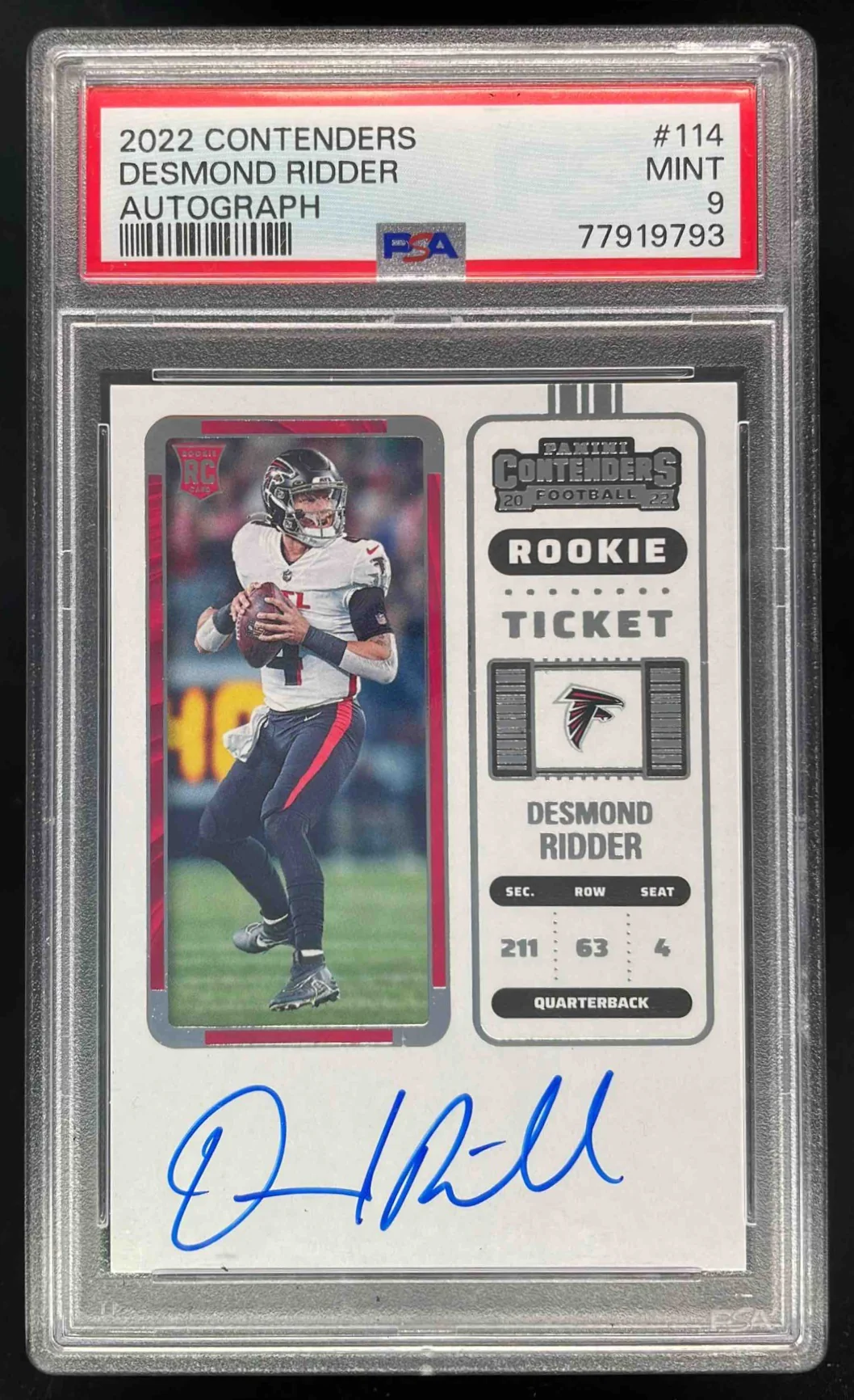 2022 Panini Contenders #114 Desmond Ridder RC Rookie Ticket Auto PSA 9