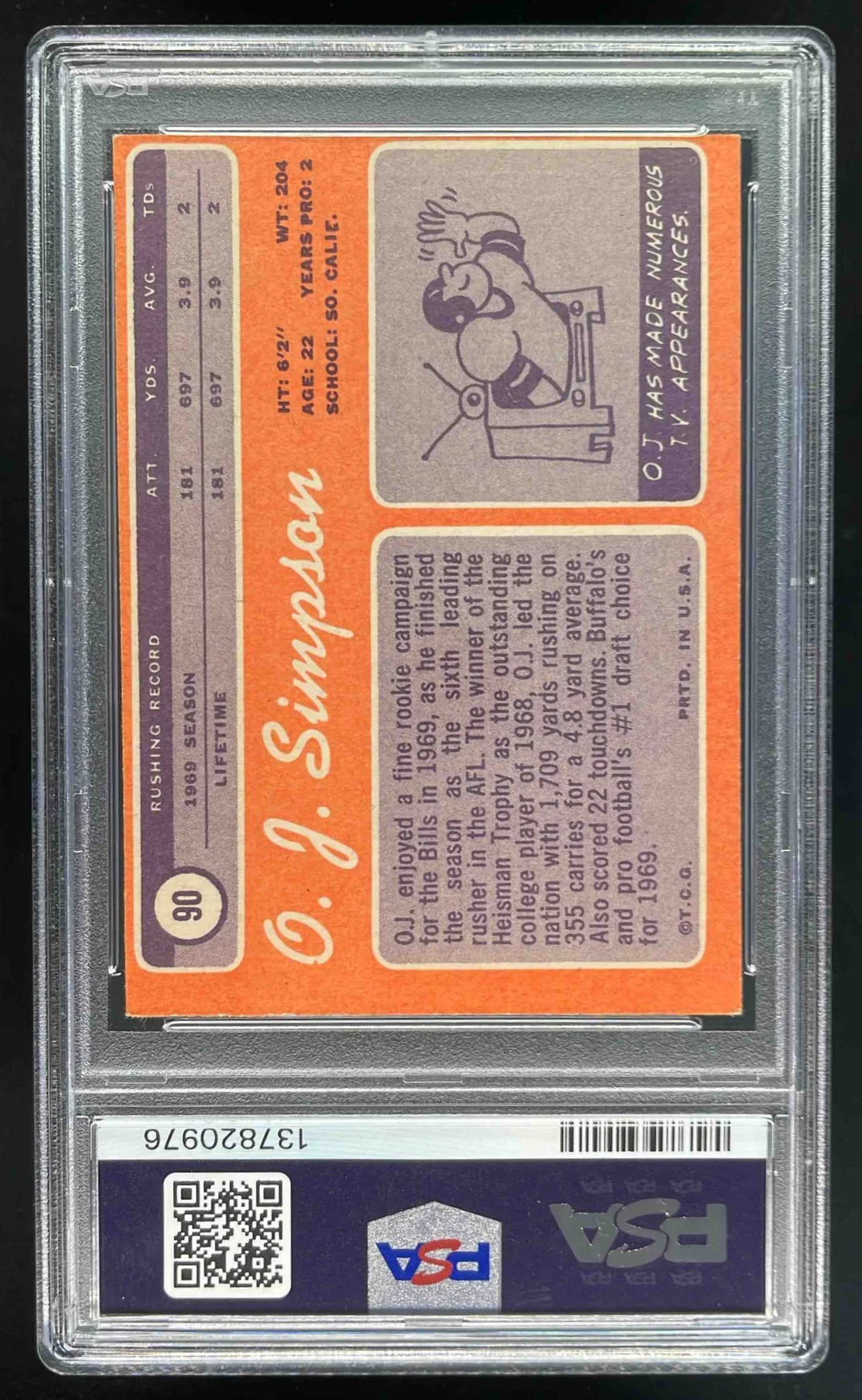 1970 Topps #90 O.J. Simpson RC PSA 4 - Image 2