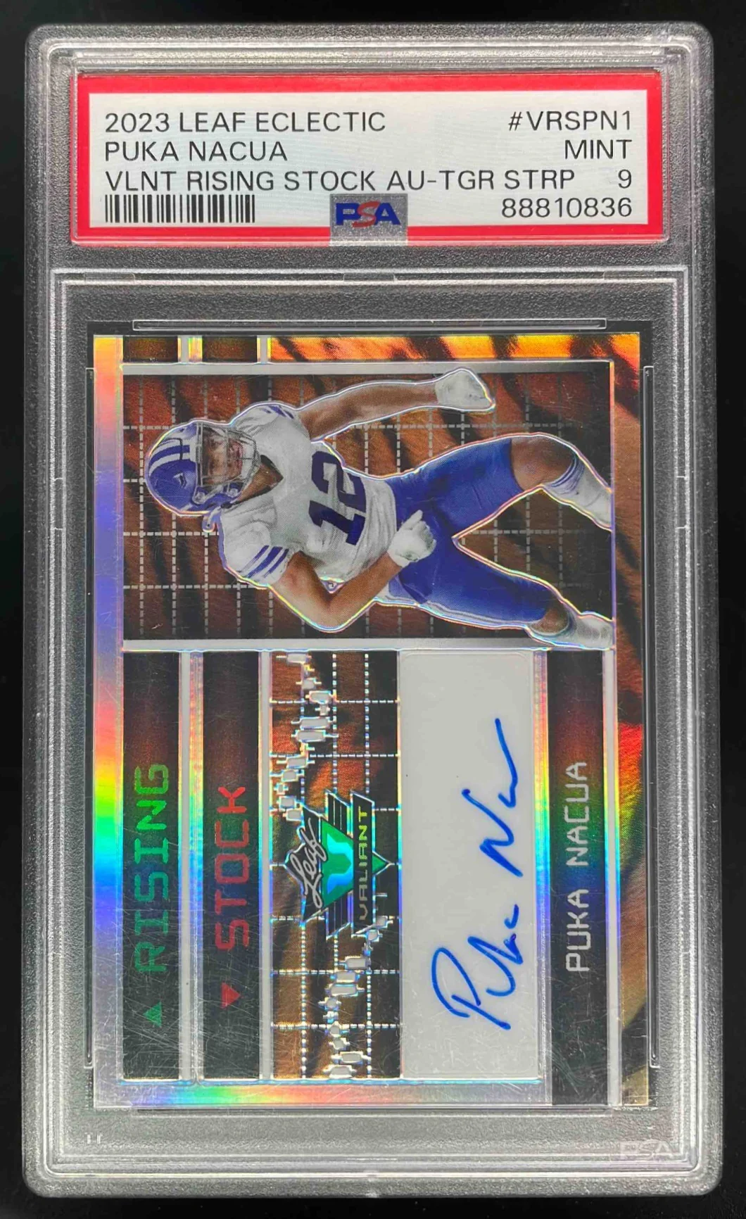 2023 Leaf Eclectic Valiant Rising Stock Tiger Stripe Puka Nacua RC Auto /3 PSA 9