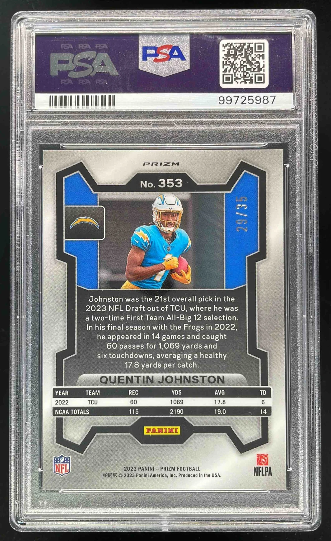 2023 Panini Prizm Red Shimmer Prizm #353 Quentin Johnston RC /35 PSA 10 - Image 2