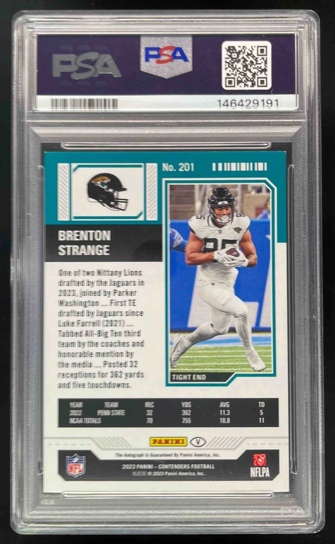 2023 Contenders Week 18 Ticket #201b Brenton Strange RC Ticket Auto /18 PSA 8 - Image 2