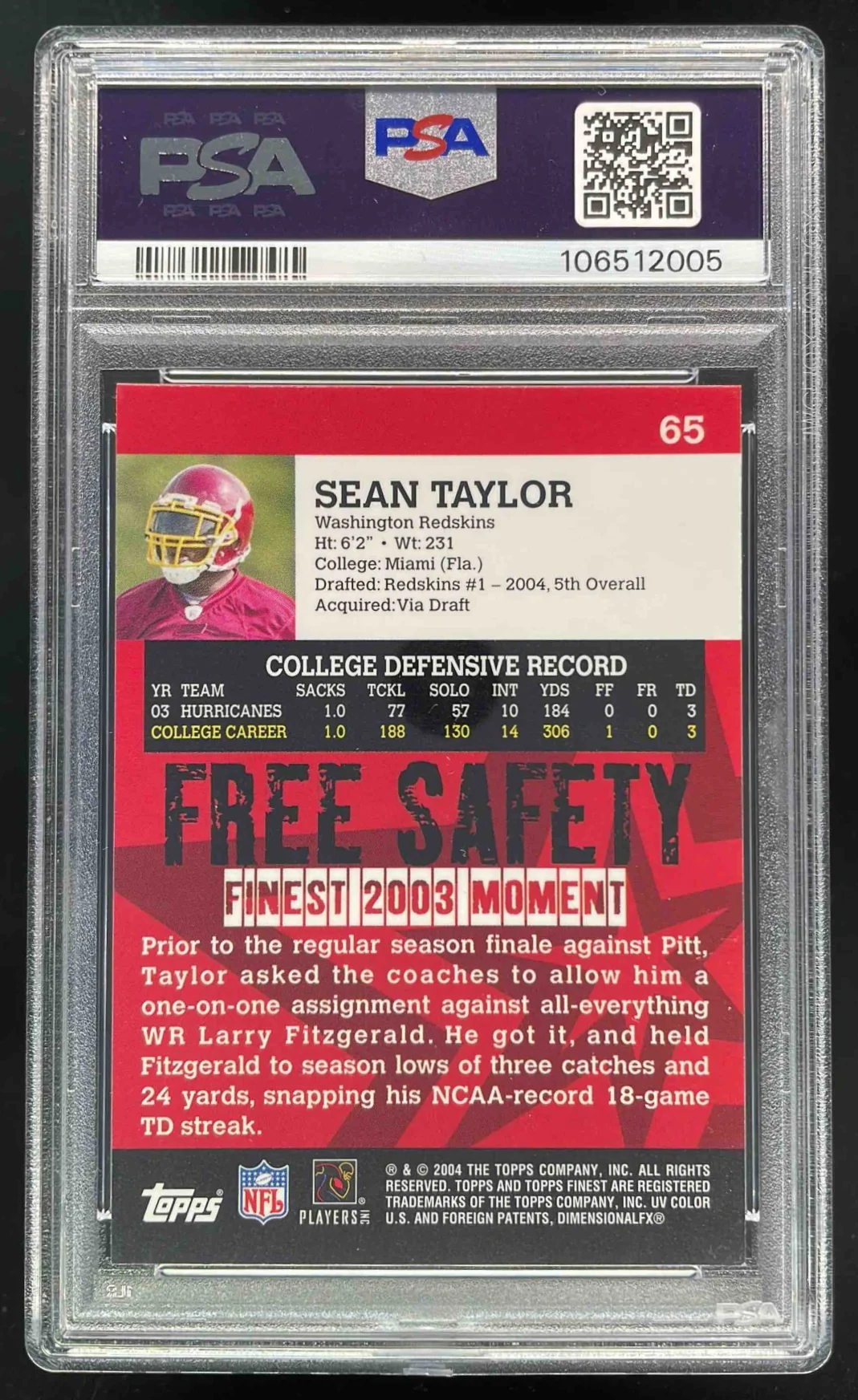 2004 Topps Finest #65 Sean Taylor RC PSA 9 - Image 2