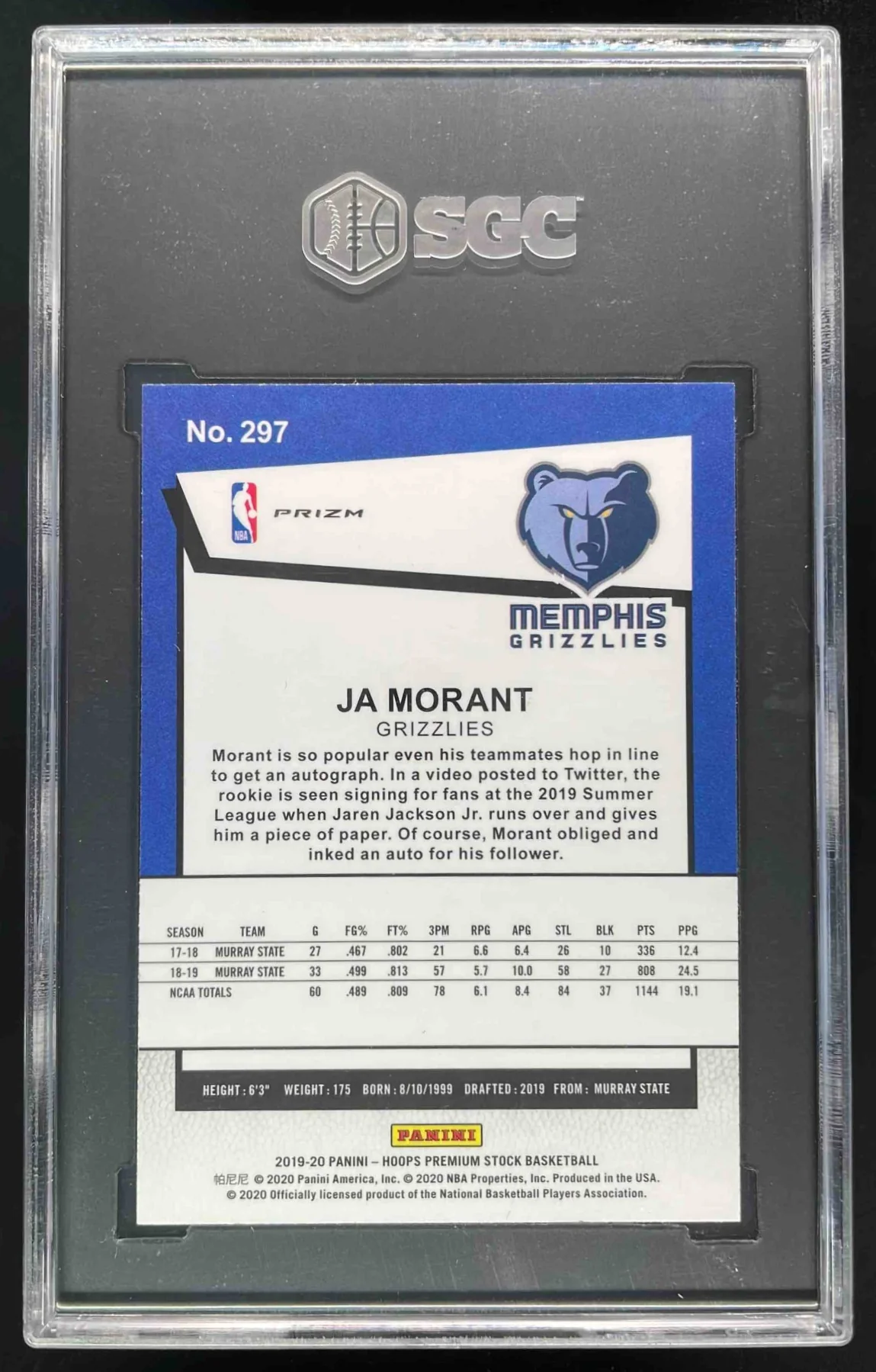 2019-20 Panini Hoops Premium Stock Prizms Silver #297 Ja Morant RC SGC 9.5 - Image 2