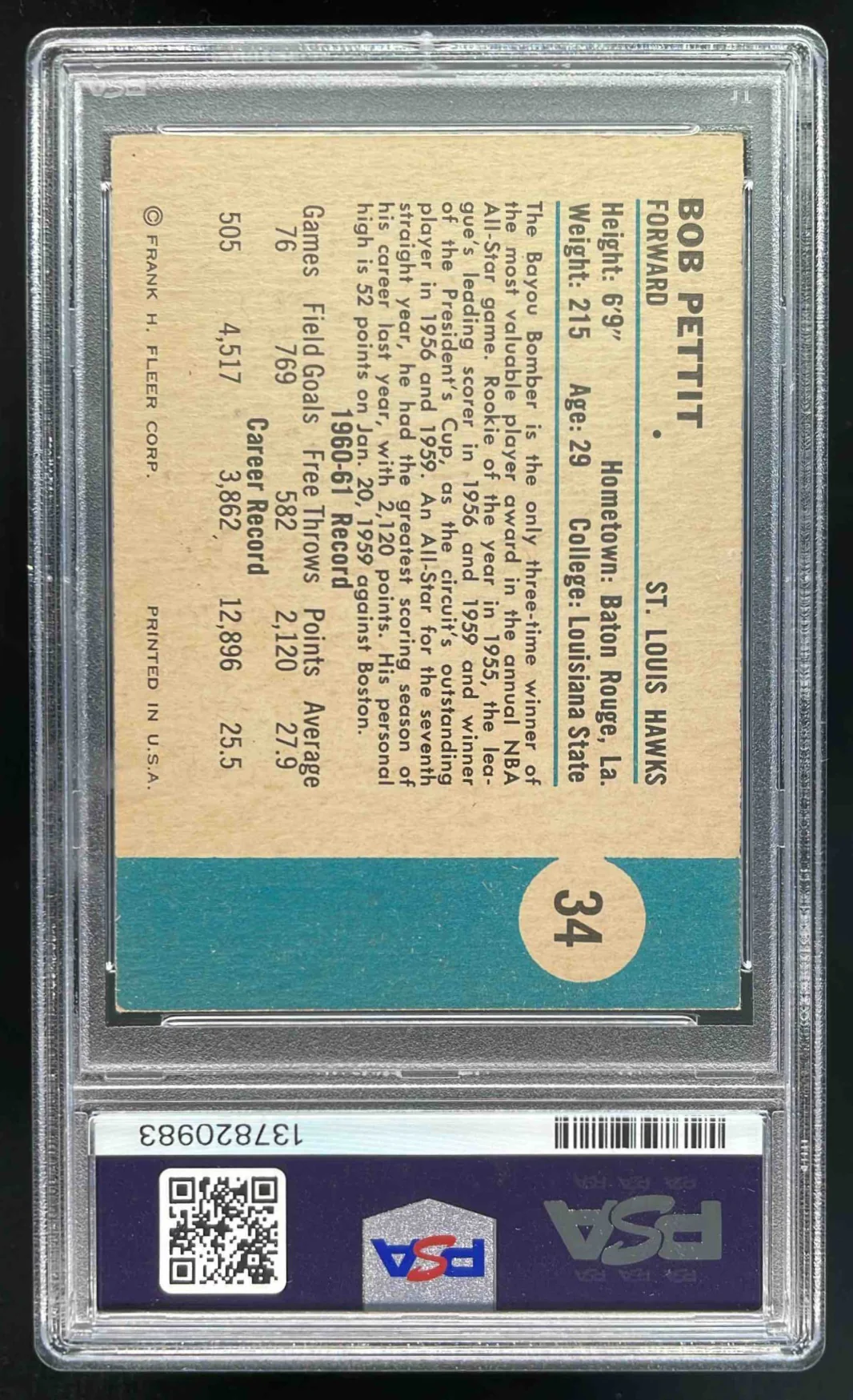 1961-62 Fleer #34 Bob Pettit PSA 4 - Image 2