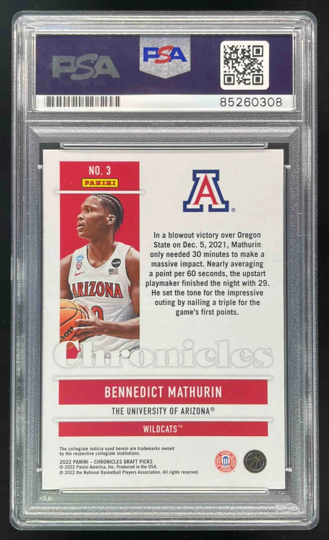 2022 Panini Chronicles Draft Picks #3 Bennedict Mathurin RC Auto PSA Authentic - Image 2