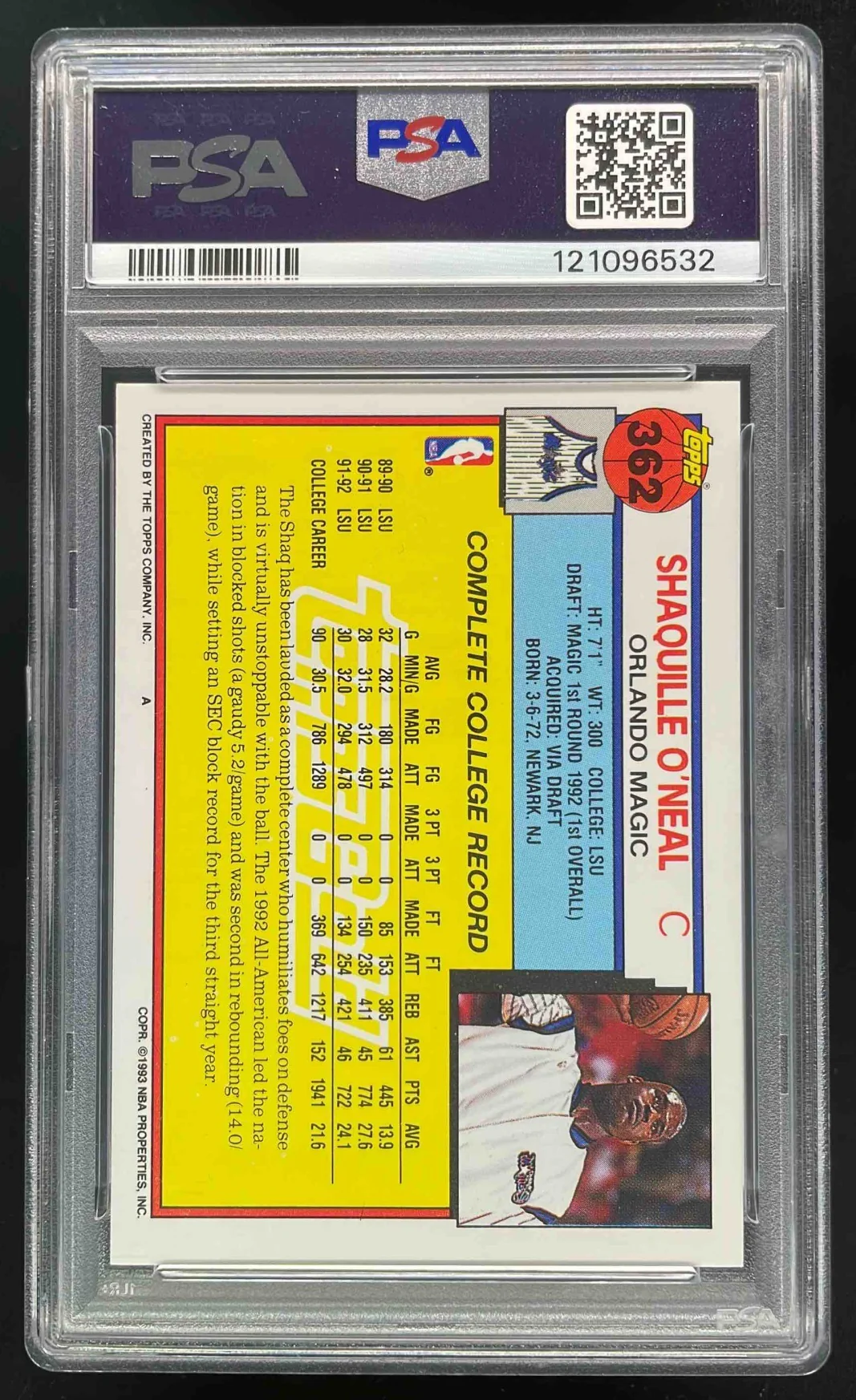 1992-93 Topps Gold #362 Shaquille O'Neal RC PSA 9 - Image 2