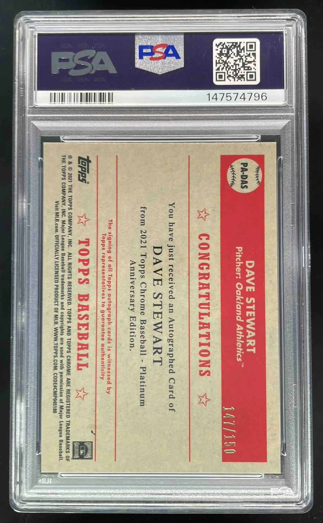 2021 Topps Chrome Platinum Anniversary Aqua #PADAS Dave Stewart Auto /150 PSA 10 - Image 2