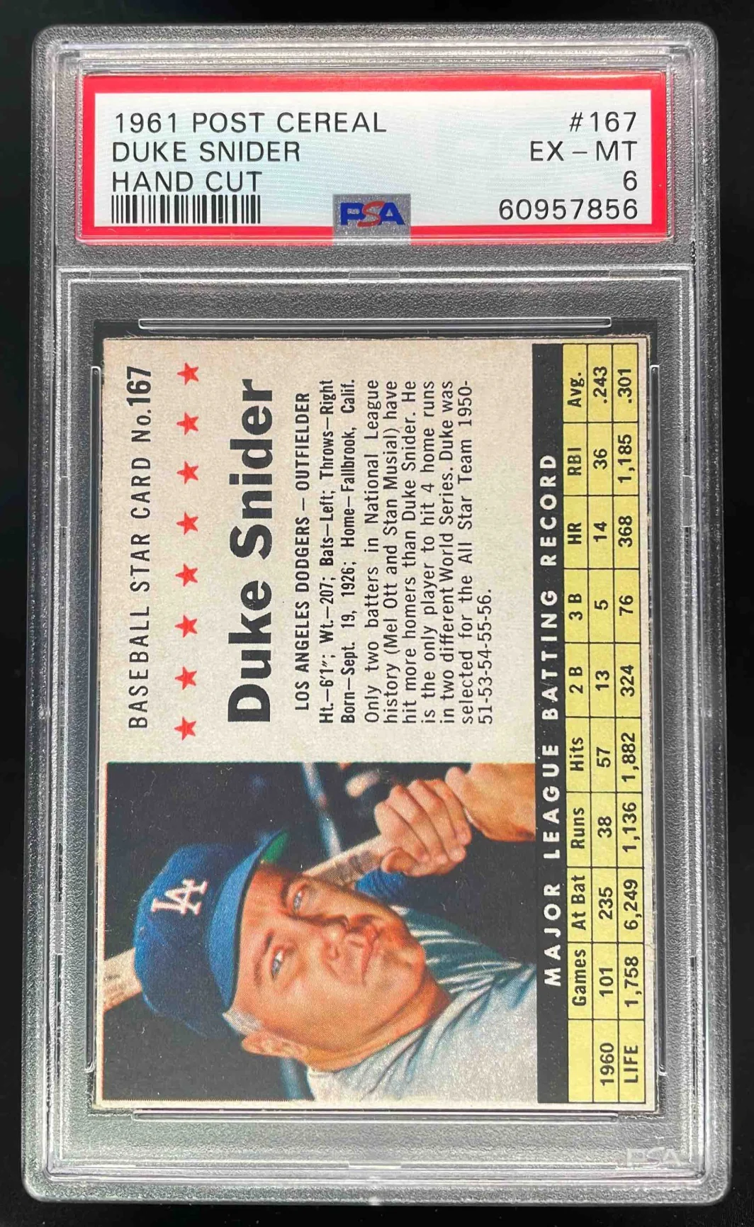 1961 Post Cereal Hand Cut #167 Duke Snider PSA 6