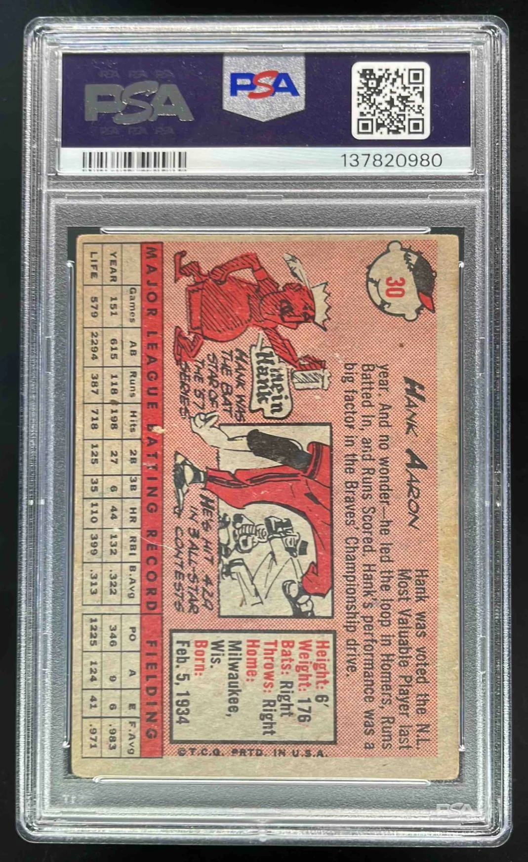 1958 Topps #30a Hank Aaron PSA 1.5 - Image 2