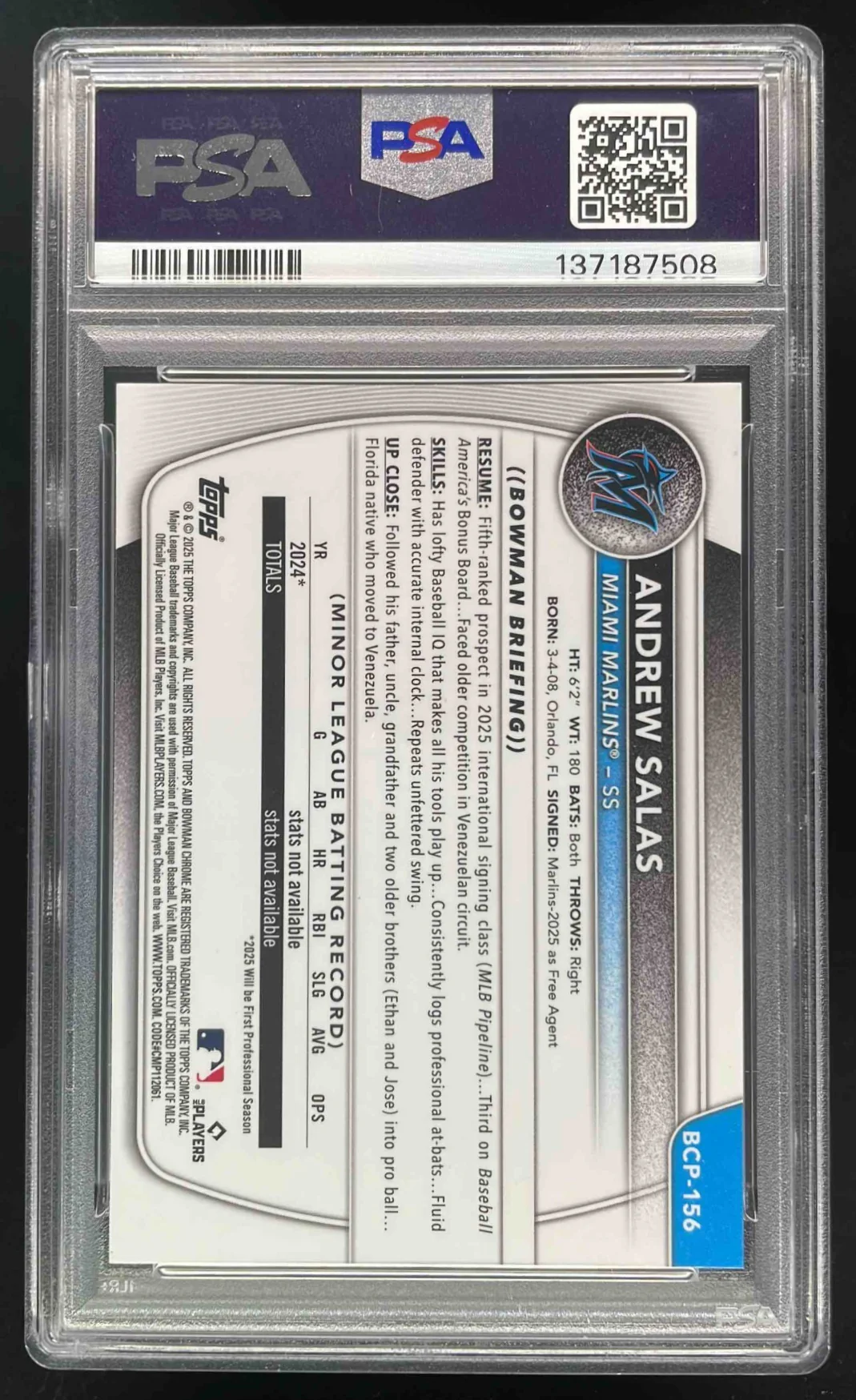 2025 Bowman Chrome Yellow Geometric #BCP-156 Andrew Salas RC /75 PSA 10 - Image 2