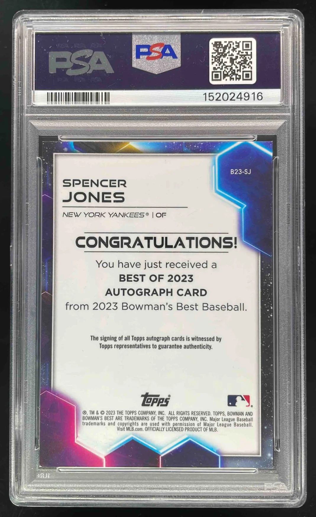 2023 Bowman's Best Best of 2023 Green #B23-SJ Spencer Jones Auto /99 PSA 8 - Image 2