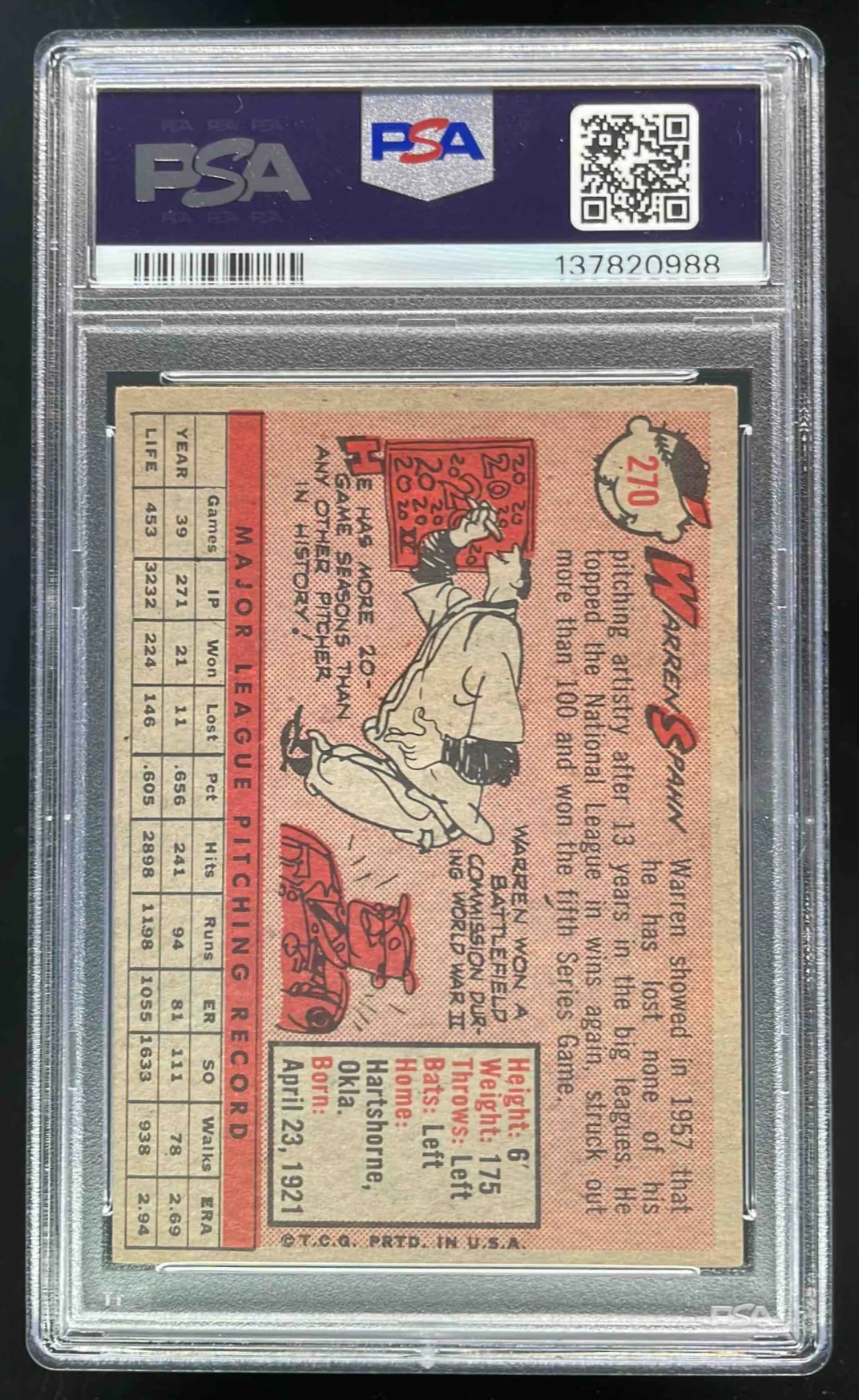 1958 Topps #270 Warren Spahn PSA 4 - Image 2