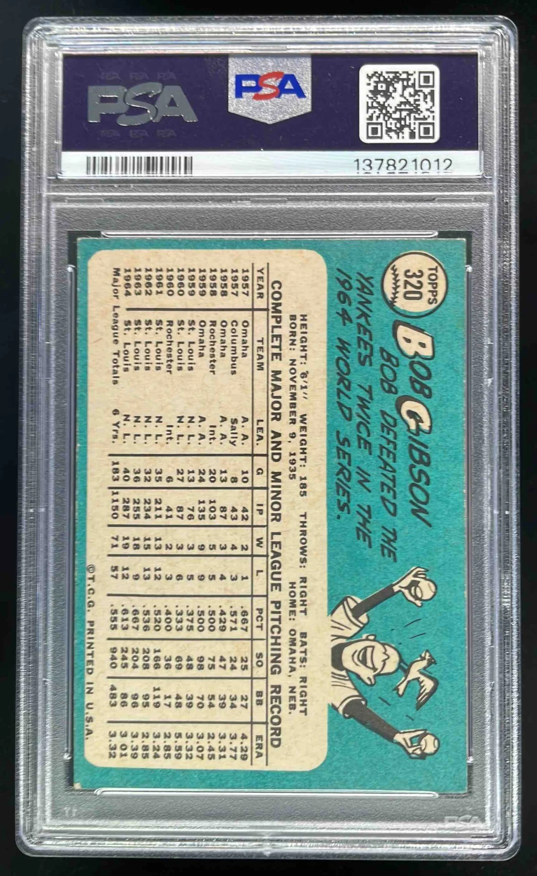 1965 Topps #320 Bob Gibson PSA 3 - Image 2