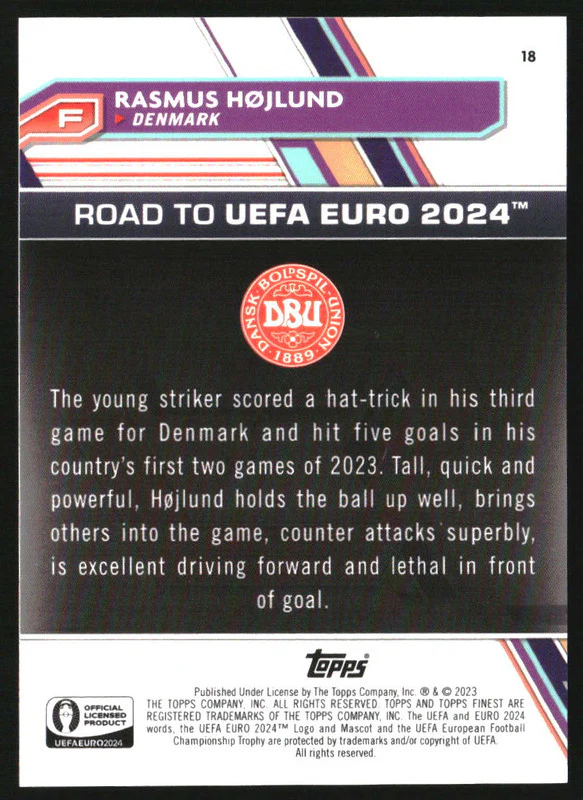 2023 Finest Road to UEFA Euro '24 Orange Refractors #18 Rasmus Hojlund /25 - Image 2