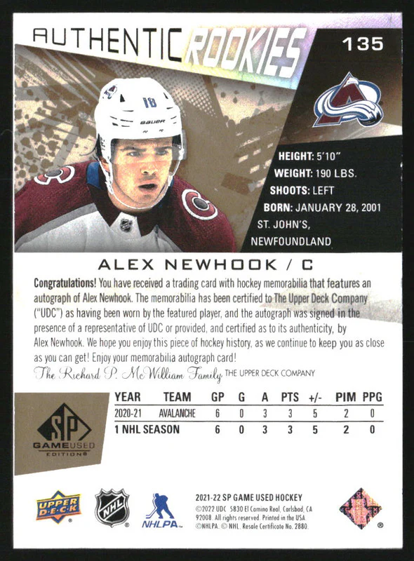 2021-22 SP Game Used Gold Jersey Autographs #135 Alex Newhook RC Auto /99 - Image 2