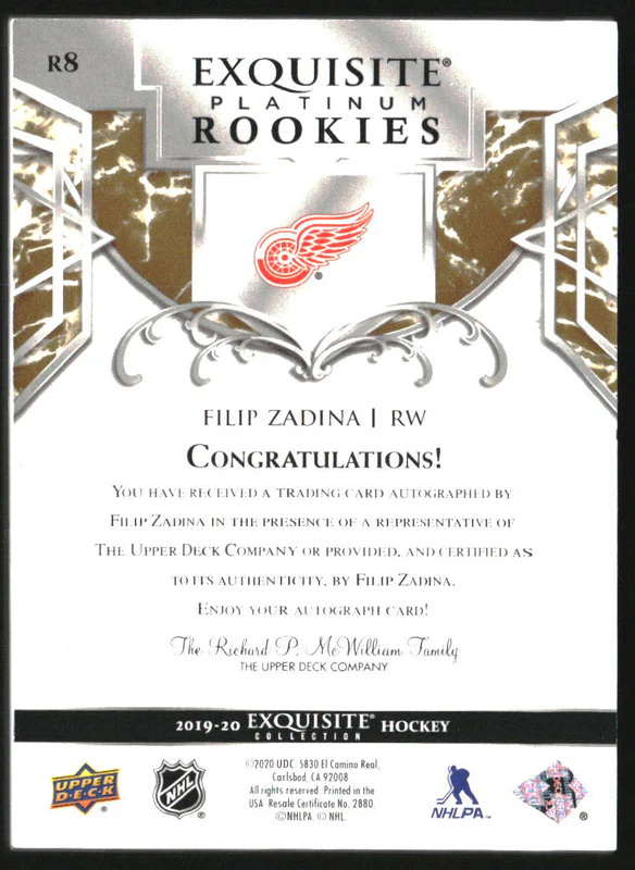 2019-20 Exquisite Collection Platinum Rookie Autograph Filip Zadina RC Auto /25 - Image 2