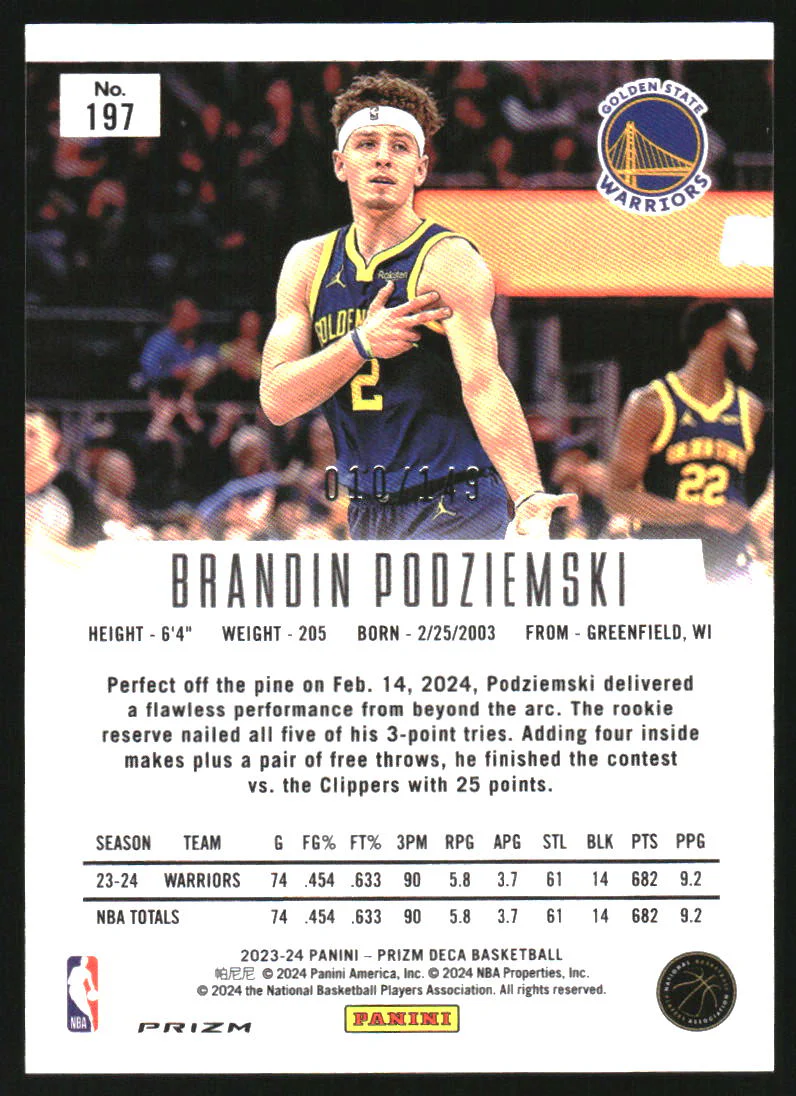 2023-24 Panini Prizm Deca Prizms Blue #197 Brandin Podziemski /149 - Image 2