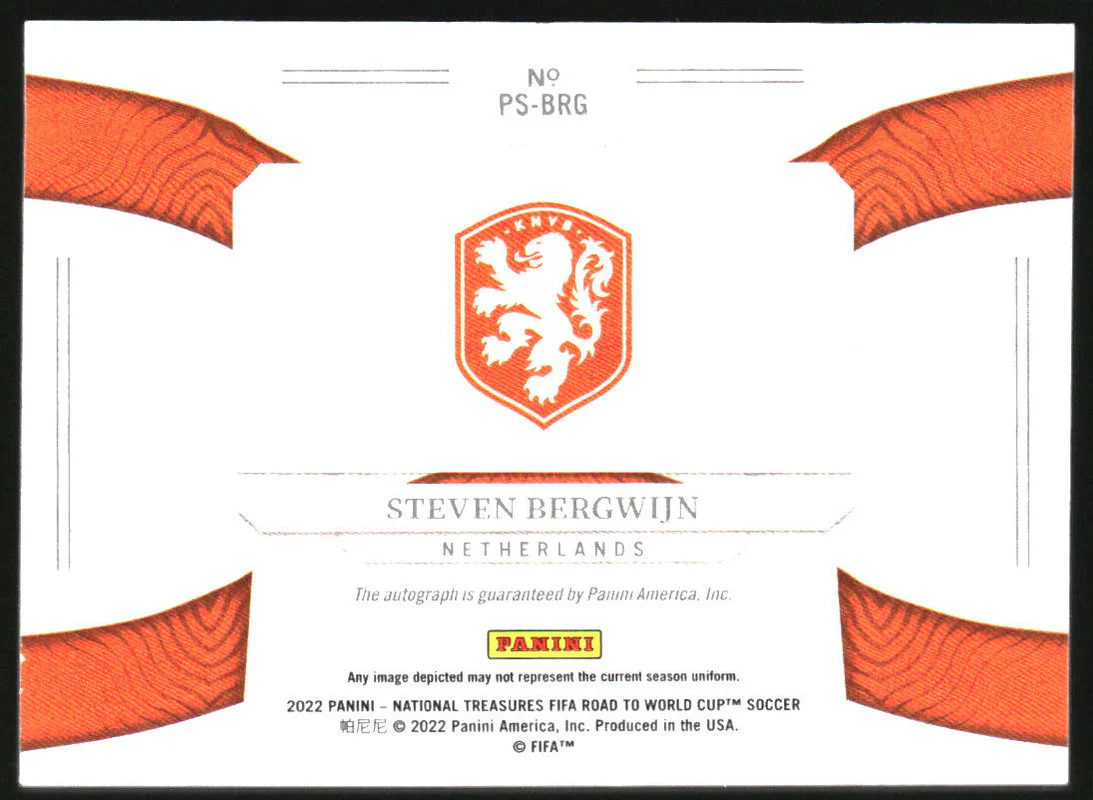 2022 National Treasures World Cup Peerless Signatures Steven Bergwijn Auto /99 - Image 2