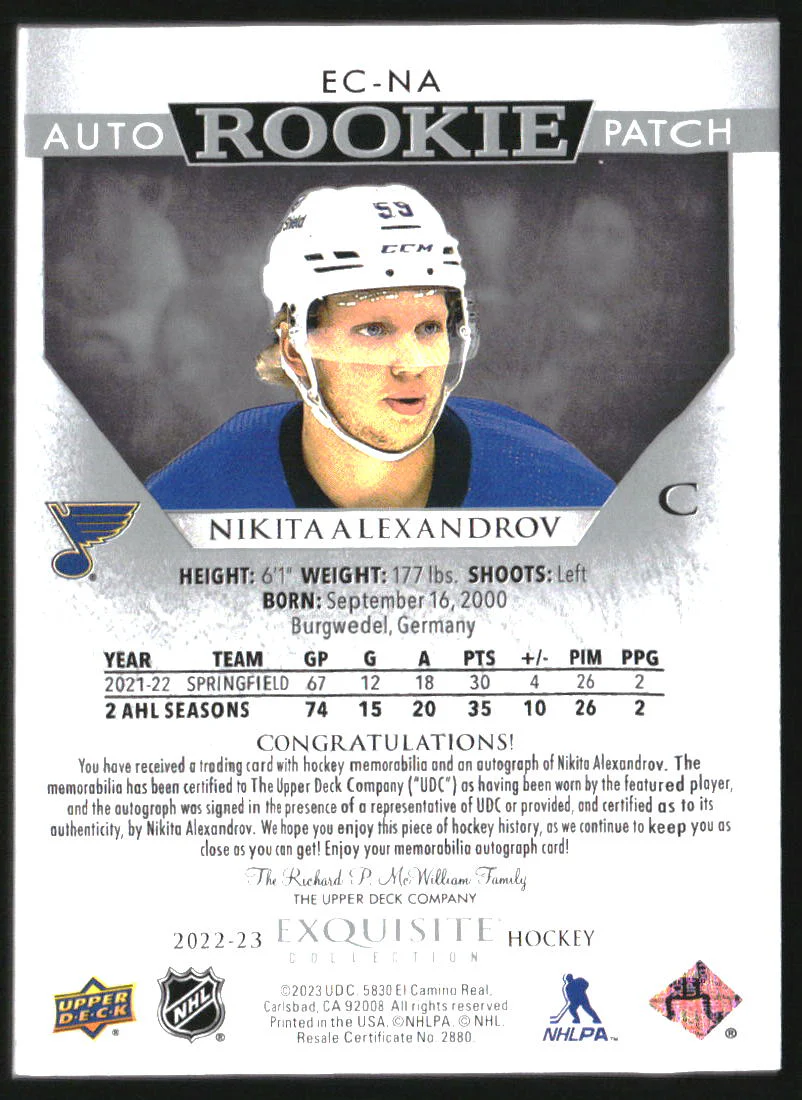 2022 Exquisite Collection Rookie Auto Patch Black Nikita Alexandrov RC /59 - Image 2