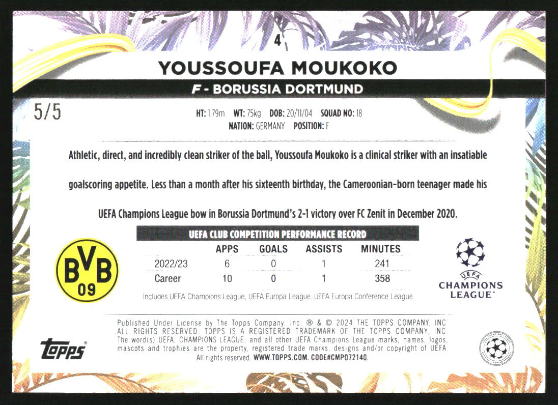 2023-24 Topps UEFA Champions League Red #4 Youssoufa Moukoko /5 - Image 2