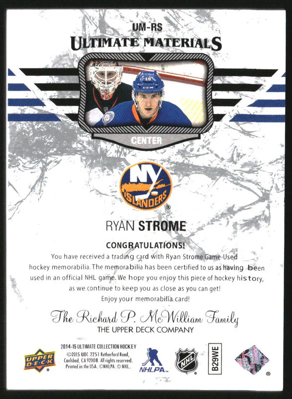 2014-15 Ultimate Collection Ultimate Materials #UMRS Ryan Strome /10 - Image 2